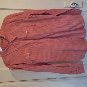 Wrangler Women Diamond Pearl Snap 2XL Coral Brown Strip Button Long Sleeve Shirt